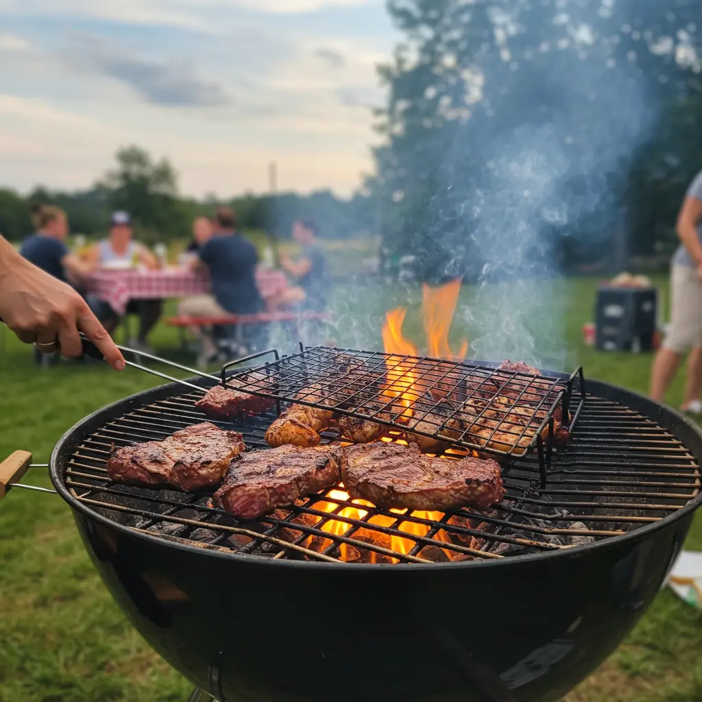 Mediterrane Grillen Ideen Gemüsespieße mit Zucchini, Paprika und Halloumi-Käse, goldbraun gegrillt und mit frischem Oregano garniert, serviert auf einem Holzteller.