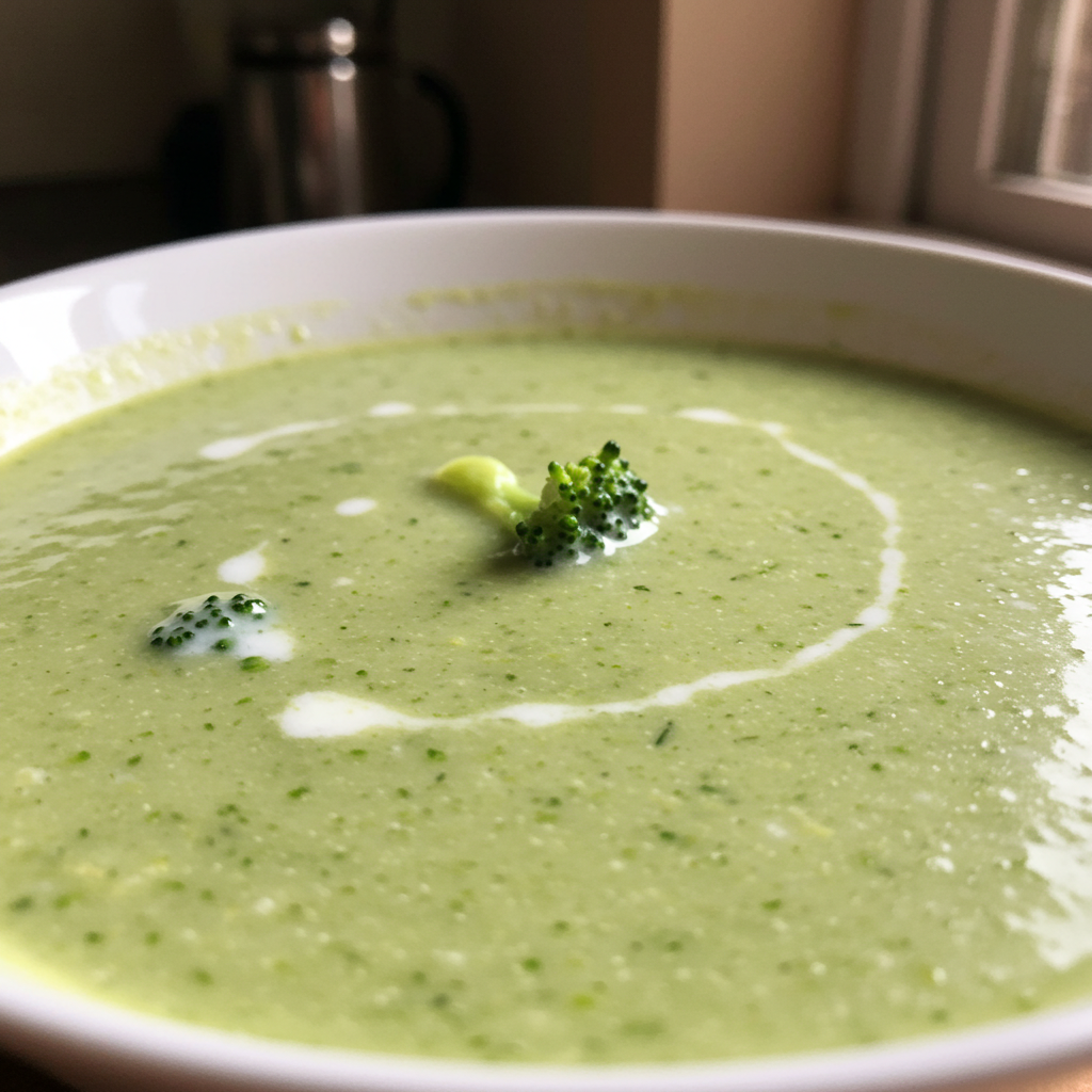 Eine cremige Brokkoli Creme Suppe, serviert in einer weißen Schüssel, garniert mit frischen Brokkoli-Röschen und einem Schuss Sahne. Daneben liegt ein Stück knuspriges Brotbrot.