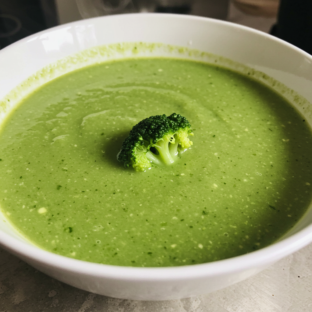 Cremige Brokkolisuppe in einer weißen Schüssel, garniert mit frischen Kräutern und einem Klecks Sahne, serviert mit einer Scheibe Brot.