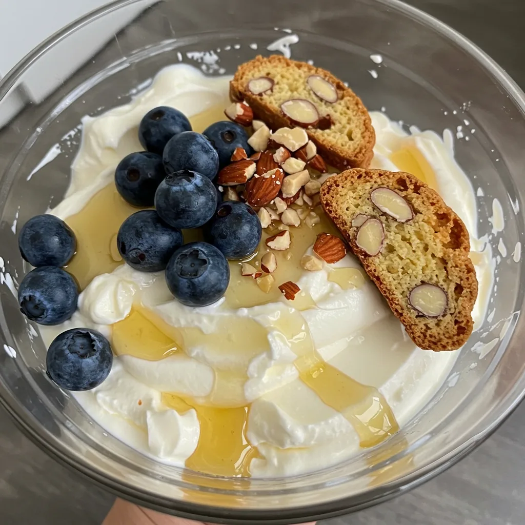 Eine cremige Mascarpone Creme in einer Glasschale, garniert mit frischen Himbeeren und Minzblättern, serviert auf einem Holztisch mit sommerlicher Dekoration.