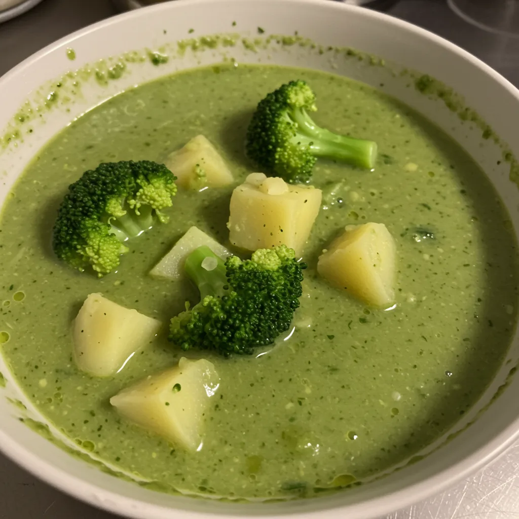 Cremige Brokkolisuppe mit Kartoffeln, serviert in einer weißen Schüssel, garniert mit frischer Petersilie und einem Schuss Olivenöl. Ein herzhaftes und gesundes Familienrezept.